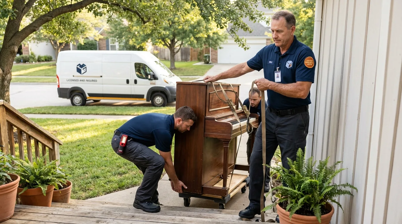 Licensed piano movers securing grand piano in Calhoun City, MS