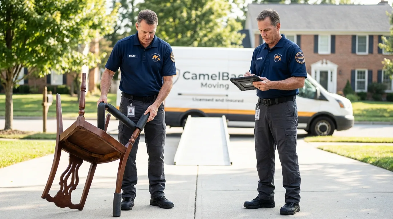 Movers inspecting furniture for damage prevention before loading in Calhoun City, MS