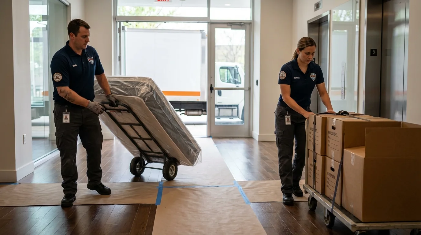Professional apartment movers loading elevator in Calhoun City, MS
